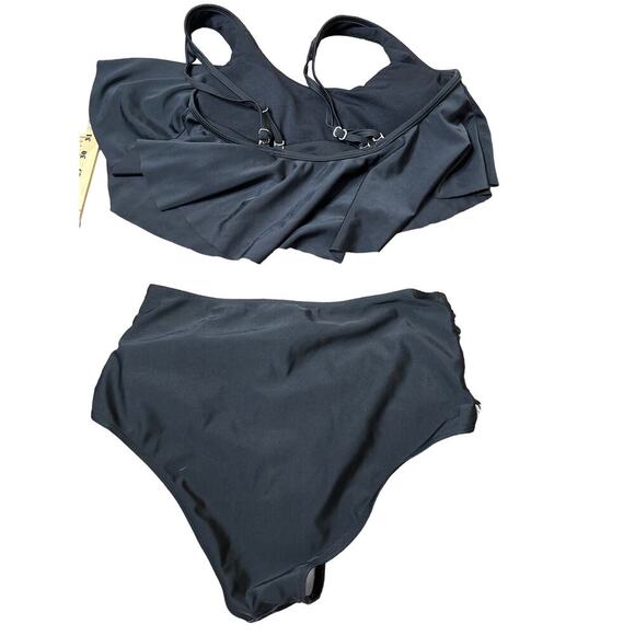 2 piece bikini high waisted bottom ruffle top sunflower bottom SZ M modest swim - Picture 3 of 7